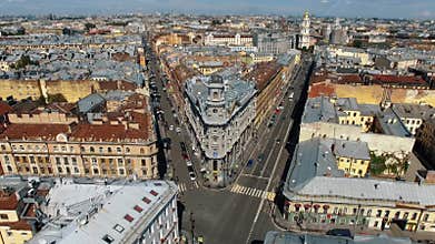 Ioffe House, Five Corners. Saint Petersburg. City intersection and rooftops