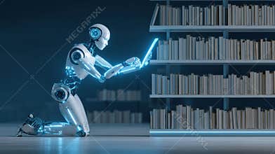 Robot Working on a Laptop in a Futuristic Library, Surrounded by Shelves of Books and Soft Blue Lighting