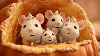Four Adorable Mice Cuddled Together Inside a Cozy Carved Pumpkin, Perfectly Capturing Their Playful and Charming Nature in a