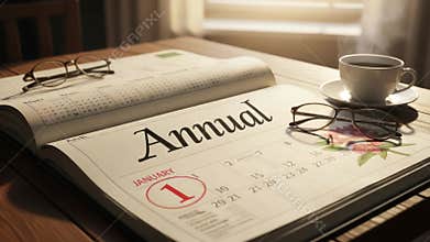 Annual Calendar with Coffee and Glasses on a Wooden Table