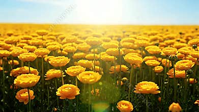 Expansive Field of Vibrant Yellow Flowers Stretching Toward a Bright Horizon