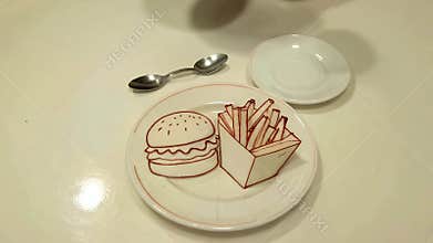 Whimsical burger and fries illustration on a plate with tea cups for a charming food concept