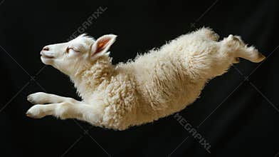 White Lamb Leaps Playfully Against a Dark Background in a Studio Setting