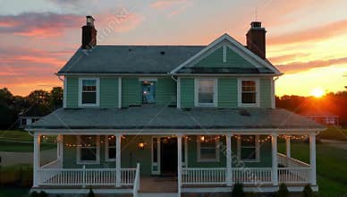 Beautiful two story green farmhouse with a porch at sunset showcasing idyllic country living