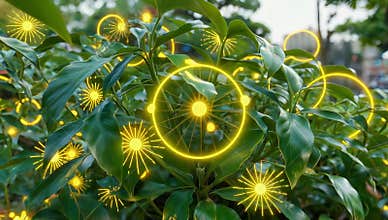 Lush green plant adorned with glowing yellow circles in a vibrant outdoor setting today