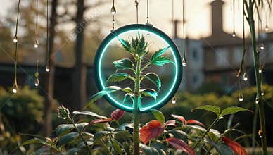 Plant growth illuminated by a neon circle in a garden setting with water droplets falling down
