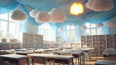 Bright, airy classroom-library hybrid with blue ceiling drapes, cloud fixtures, and abundant natural light