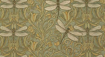 Art Nouveau Dragonfly Floral Pattern Seamless Background
