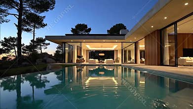 a luxurious modern villa at dusk, featuring elegant architectural lines