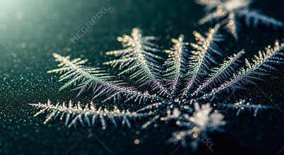 Macro photograph of a delicate frost crystal forming a beautiful fern-like pattern on a cold surface