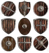 Medieval wooden shields collection isolated
