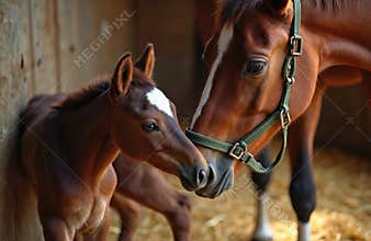 Dark interior scene shows newborn foal nuzzling mare in equestrian center. Young horse rests near straw bedding, displaying