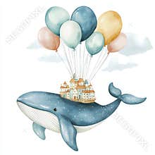 Sweet baby clip art composition with an endearing watercolor whale, lighthouse, and air balloons. Kids' stock