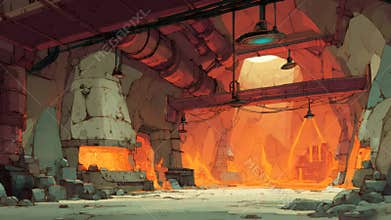 Industrial lava forge inside rocky cavern with glowing molten streams.