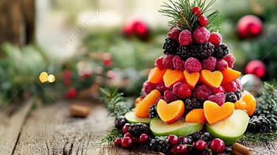Festive Fruit Christmas Tree Centerpiece on Wooden Table During Daytime