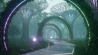 Arched pathway through a forest illuminated with neon misty atmosphere