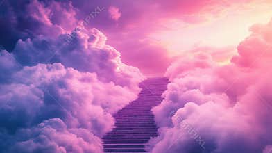 Stairway to Heaven With Pink Clouds Leads to Bright Light Above