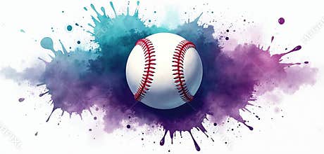 Baseball illustration features dynamic splash art in vibrant purple, teal hues. Clean white ball with red stitching stands out