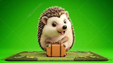Adorable Hedgehog Standing and Holding Small Suitcase on a Green Background Animated with White Screen Isolated Animal Cartoon