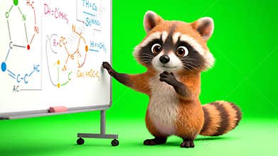 Adorable 3D Render of Cartoon Raccoon Explaining Chemical Formulas on Whiteboard with Green Screen Background Education
