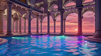 Dreamlike Arched Colonnade Framing a Sunset Pool on a Velvet Evening
