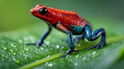 Macro Close-Up of a Bright Red and Blue Poison Dart Frog on a Wet Green Leaf