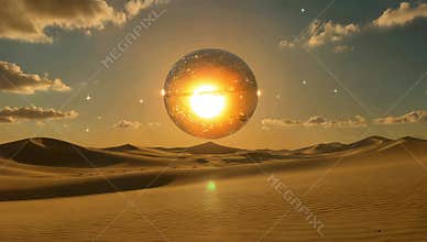 Surreal desert landscape featuring a glowing orb reflecting the sun and sky at sunset time
