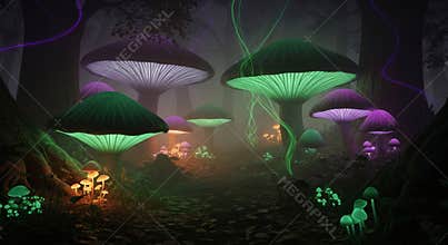 Enchanted Glowing Mushroom Forest - A Magical Nighttime Scene
