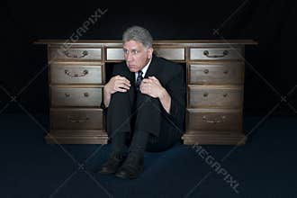 Funny Scared Fear Businessman Hide Under Office Desk