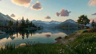 Serene lake reflects snowcapped mountains under a pastel sky at dusk in a scenic landscape