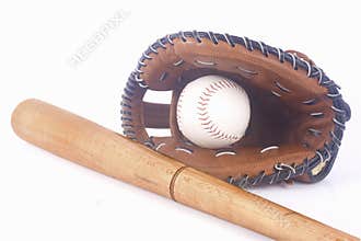 Baseball, mitt and bat