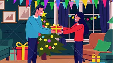 Couple decorating Christmas tree together at home illustration animation
