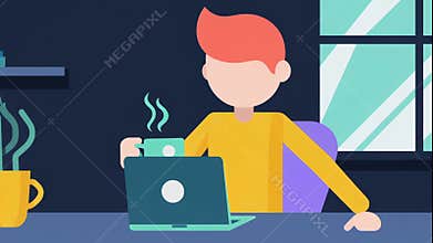Person working on laptop while drinking coffee at home illustration animation