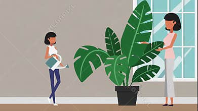 People watering indoor plants together at home illustration animation