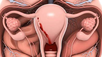 3D Render Showing Normal Uterus with Ovaries and Fallopian Tubes for Woman Anatomy Study with Bleeding Isolated on White for