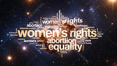 Cosmic Cloud of Words Featuring Women\'s Rights Equality and Abortion Concepts Against Starry Nebula Background