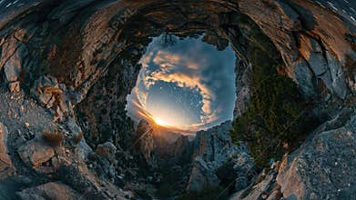 Rugged stone arch frames a breathtaking mountain panorama at twilight, a radiant golden sun meeting the expansive starlit
