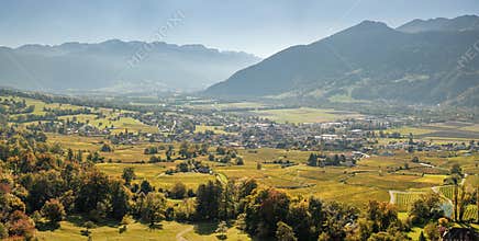 view of the Rhine Valley and the village of Maienfeld in late autumn