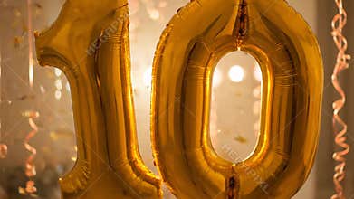 Decorative golden foil balloon shaped as the number ten, ideal for marking a 10th birthday or anniversary with hanging ribbons
