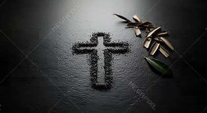 Dark Stone Cross Sign with Palm Leaves and Olive Leaf Symbolizing Lent, AI generative