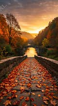 Golden Hour Glow on an Ancient Stone Bridge in the Autumn Valley
