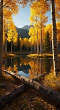Golden Aspen Glow Reflected in Serene Alpine Lake at Autumn Sunrise