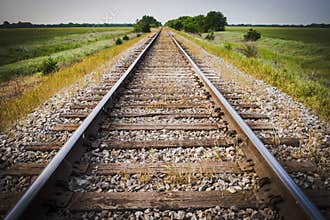 Railway, Railroad, Train Tracks, With Green Pasture Early Morning