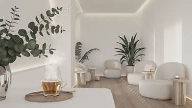 Tea Steams in Bright Spa Waiting Room With Chairs and Green Plants