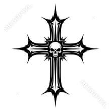 Gothic Skull Cross Tattoo – Symmetrical Tribal Flame Design Vector