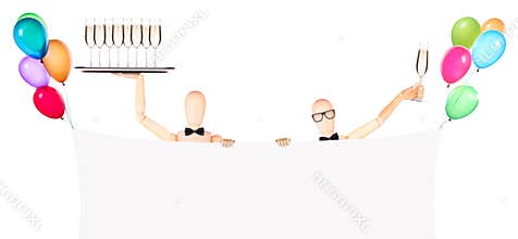 Businessman with banner, balloons and champagne