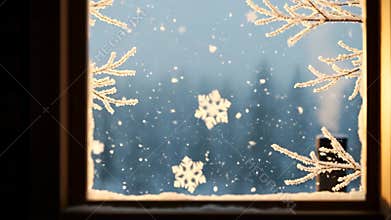 Snowflakes through window frame winter landscape cold weather frost