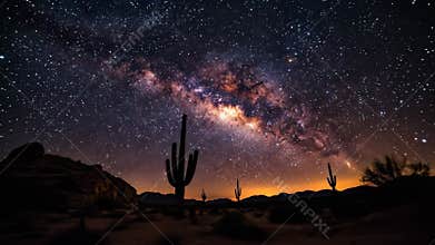 Night sky milky way over desert cacti starry night silhouette dark scene