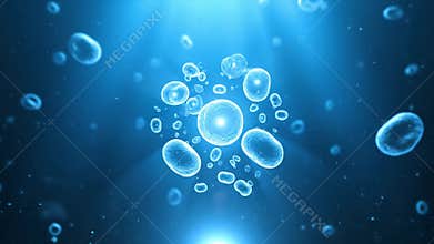 Cellular Structure Visualization with Blue Hues Floating Against a Blue Background Illuminated by Bright Light Beams For Medical