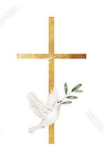 Gold cross with a white dove holding olive branch, wings extended, watercolor